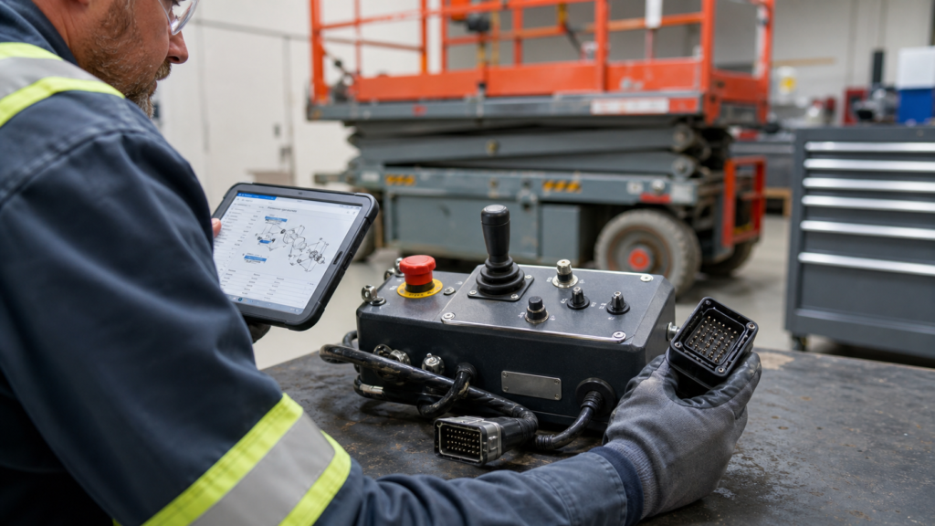 Technician comparing an aerial lift platform control box connector with parts information