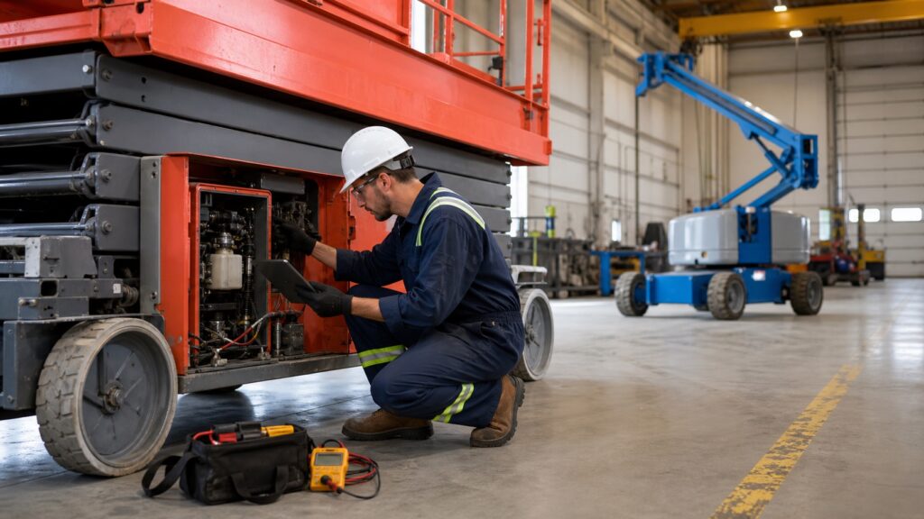 Technician performing preventive maintenance on an aerial lift