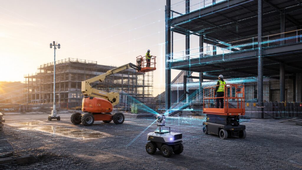 Connected aerial work platforms and an autonomous mapping robot on a construction site