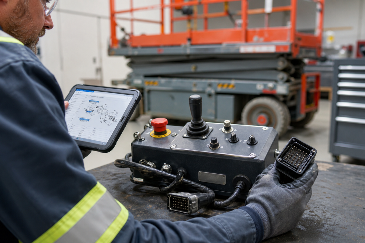 Technician comparing an aerial lift platform control box connector with parts information