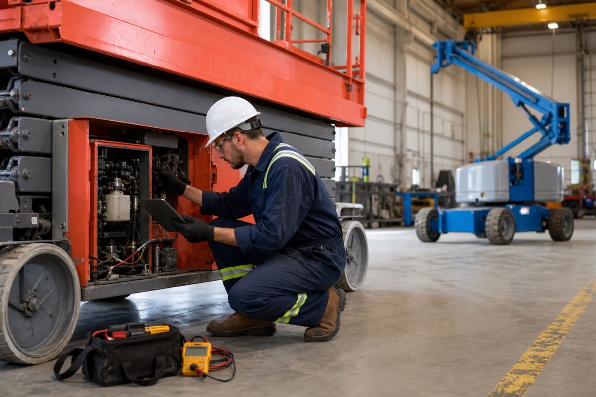Technician performing preventive maintenance on an aerial lift